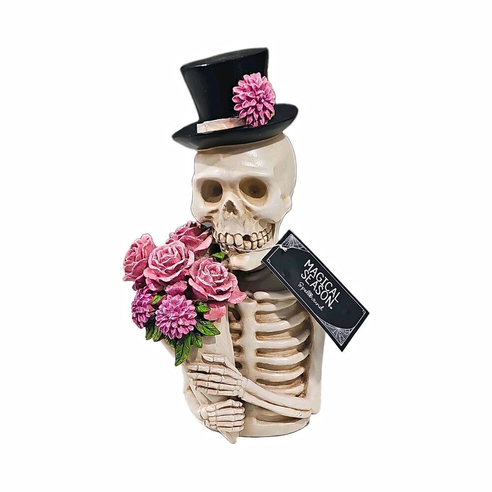 Magical Season Halloween Spellbound Skeleton Resin Figure Top Hat Pink Roses 11"
